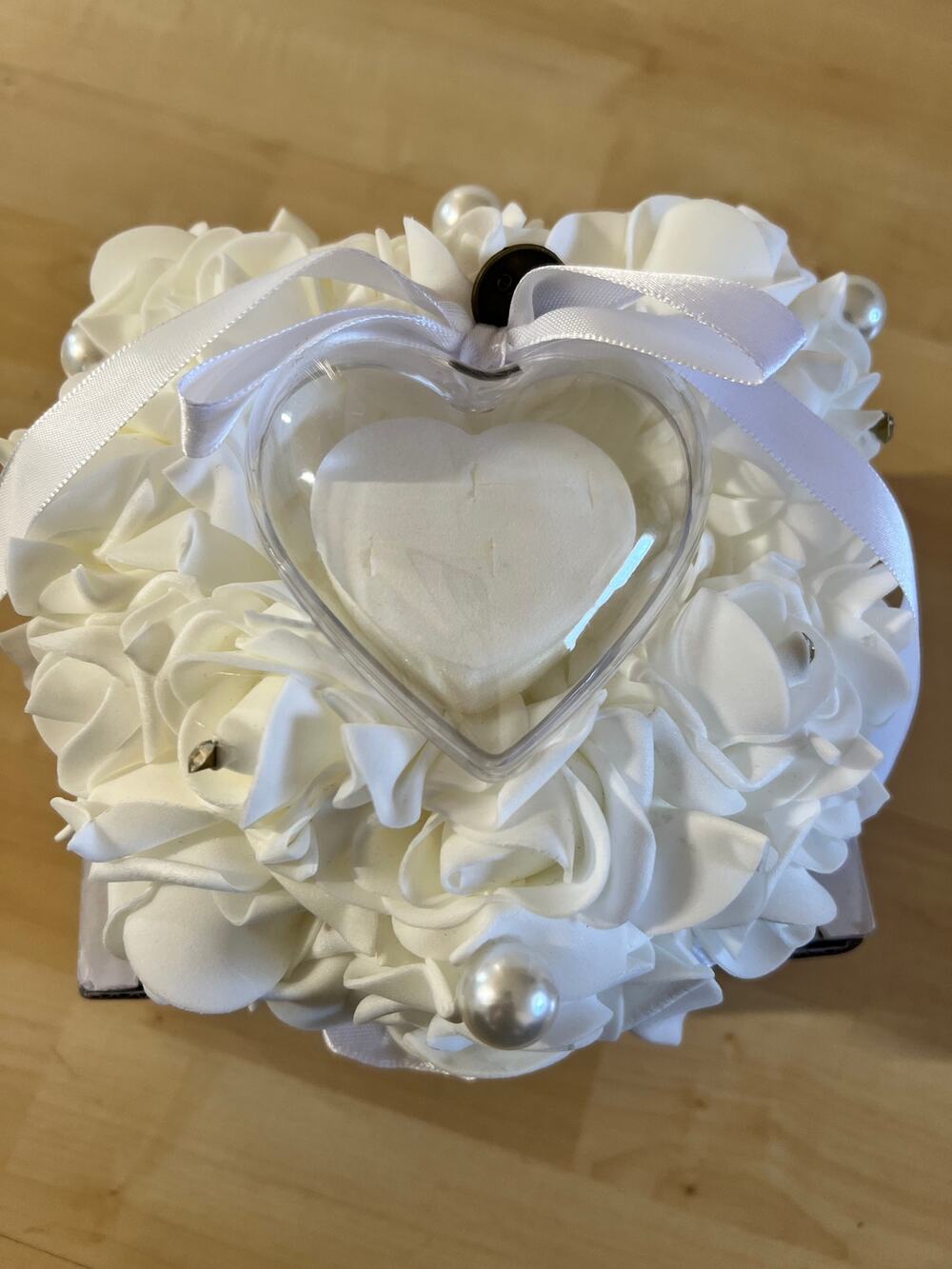 HoneyGifts White Rose Wedding Ring Pillow Bearer Box Holder Heart Pearl Ribbon